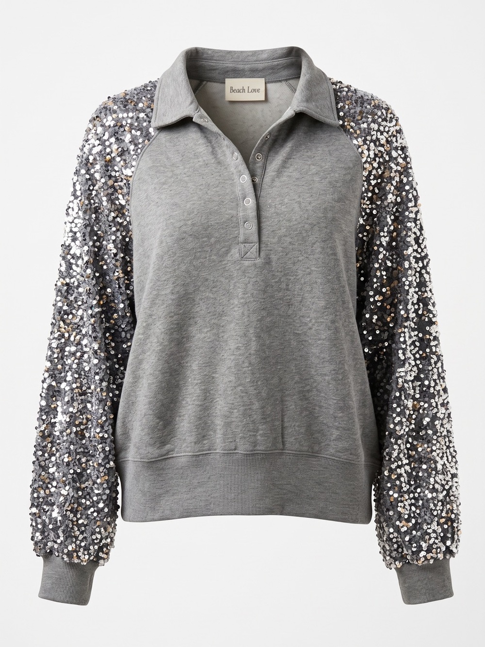 Peach Love Women’s Gray Polo Sweatshirt with Silver Sequin Sleeves - Size Medium